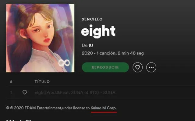 "Eight" de IU y Suga de BTS fue eliminado de la plataforma streaming de música. Foto: Spotify