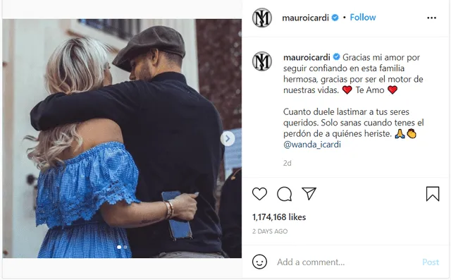 Mauro Icardi confirma reconciliación con su esposa. Foto: captura de Instagram/Mauro Icardi
