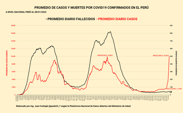 El promedio de casos y muertes por COVID-19 confirmados en Perú hasta el 8 de enero del 2022. Foto: Juan Carbajal/Twitter