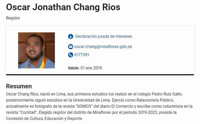 Oscar Chang Ríos, regidor de Miraflores, perfil oficial. Foto: captura - Gob.pe