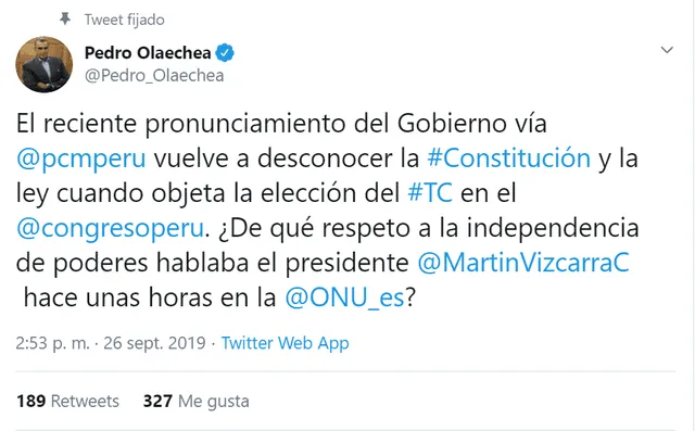 Pedro Olaechea se pronuncia en Twitter.