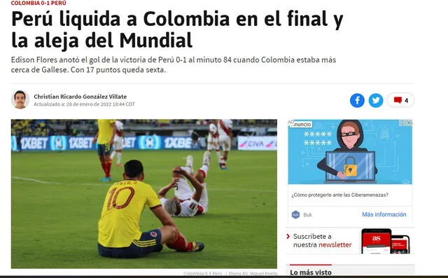 Así titularon los medios colombianos la derrota de su selección. Foto: Diario As