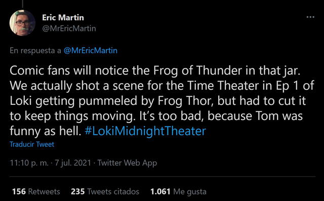 Eric Martin confirma escena eliminada de Loki con Thor rana. Foto: Twitter/@MrEricMartin