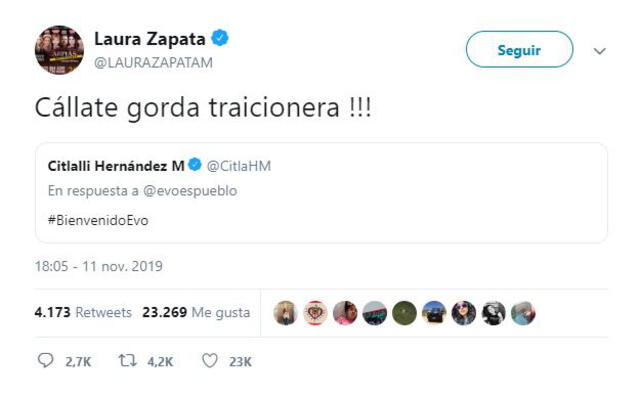 Publicación de Laura Zapata en Twitter
