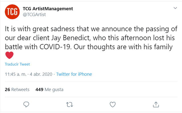 El comunicado en Twitter de la agencia del actor Jay Benedict.