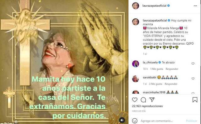 Mensaje de Laura Zapata a su madre en conmemoración por su partida. Foto: Laura Zapata/ Instagram.