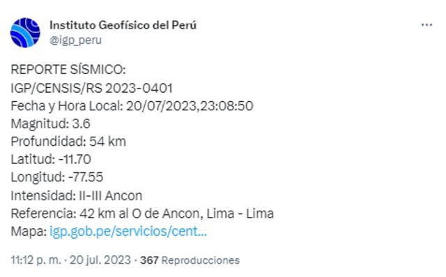 Datos del sismo en Lima. Foto: IGP   