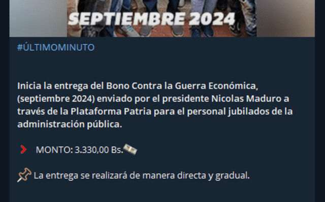 El segundo pago del Bono de Guerra llegó el 18 de septiembre. Foto: Canal Patria Digital/ Telegram