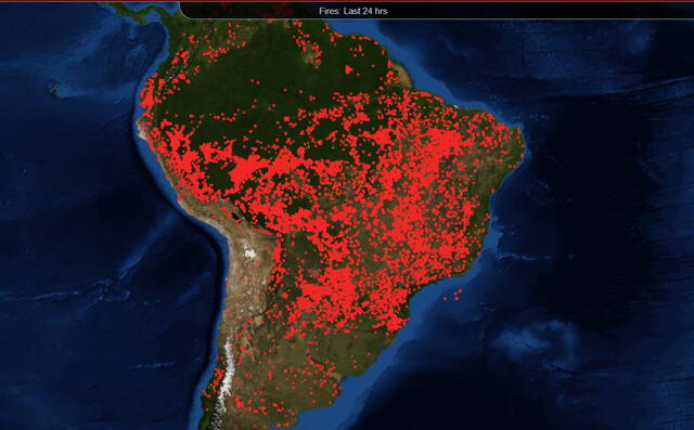 Mapa de los incendios forestales en el país. Foto: NASA   