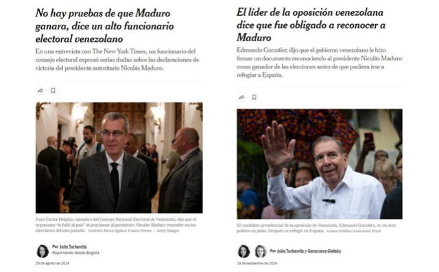 <em> Algunos de los artículos más recientes del NYT con relación a Nicolás Maduro. Foto: captura de Google</em>   