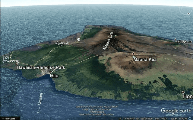  Ubicación del Mauna Kea en Estados Unidos. Foto: Google Earth<br>    