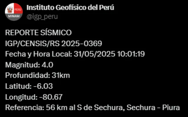 Temblor de 4,0 en Piura. Foto: IGP   