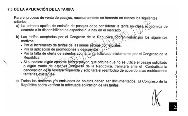  Tarifario del Congreso para adquirir los pasajes aéreos   