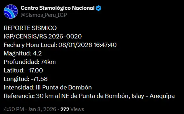 Sismo sentido en Arequipa. Foto: IGP Sismo sentido en Arequipa. Foto: IGP