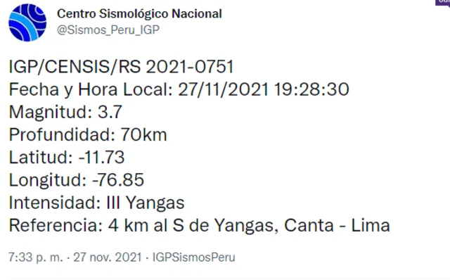 Reporte del Centro Sismológico Nacional. Foto: IGP