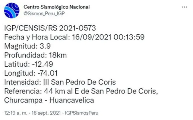 Datos del sismo. Foto: Twitter @Sismos_Peru_IGP