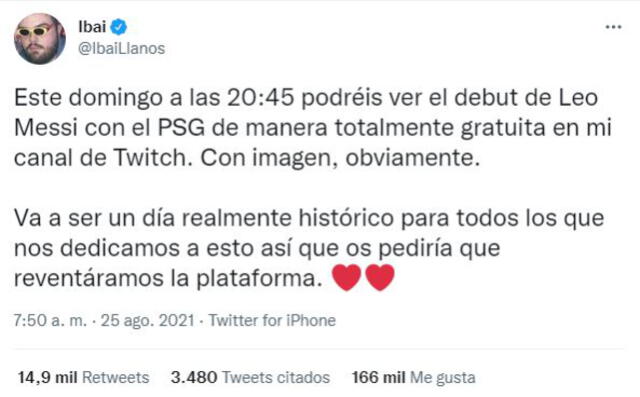 Streamer Ibai Llanos transmitirá por Twitch el debut de Messi con el PSG