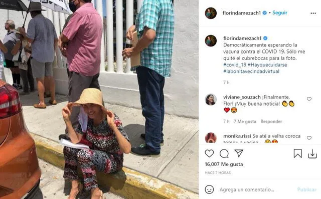 Florinda Meza esperando su turno para vacunarse. Foto: captura/Instagram