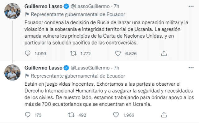 El presidente ecuatoriano condenó el ataque ruso. Foto: captura de Twitter / @LassoGuillermo