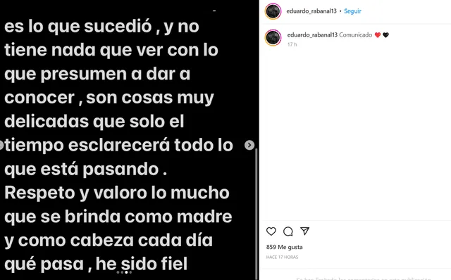 Eduardo Rabanal niega haber agredido a Paula Arias. Foto: Instagram/Eduardo Rabanal   
