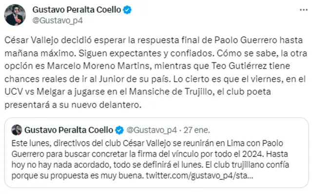  Negociaciones entre Paolo Guerrero y César Vallejo. Foto: captura de Twitter/Gustavo Peralta. 