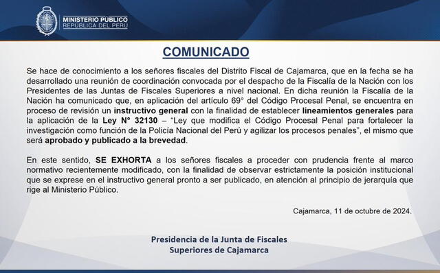  Comunicado de la Presidencia de la Junta de Fiscales Superiores de Cajamarca. Foto: Difusión. 