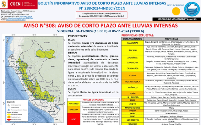  Aviso de Indeci sobre lluvias intensas en Perú.    