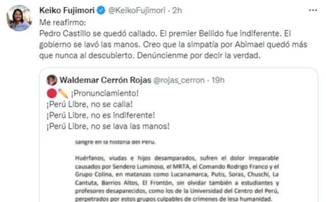 Keiko Fujimori a Perú Libre: "Denúncienme por decir la verdad"