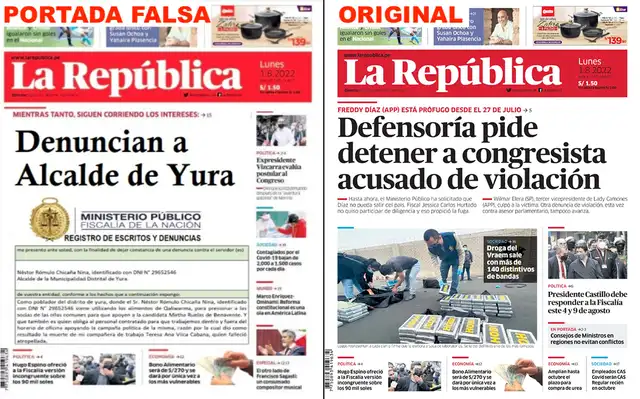 Comparación entre la portada falsa y la original del 1 de agosto de 2022. Foto: composición La República / captura de Facebook Comparación entre la portada falsa y la original del 1 de agosto de 2022. Foto: composición La República / captura de Facebook