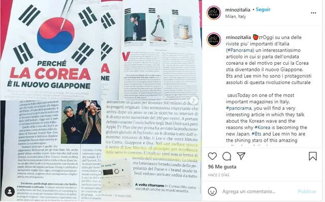 Post de Minoz Italia sobre Lee Min Ho. Foto: captura Instagram