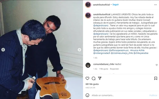 Imitador de Alejandro Sanz hace denuncia pública por redes sociales. Foto: Cristian Díaz/Instagram