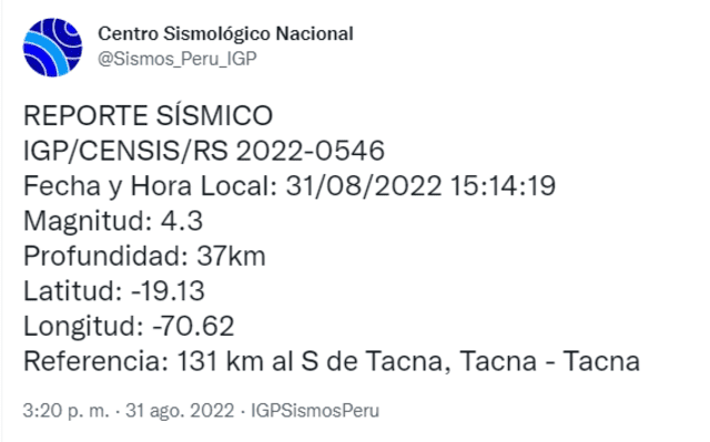 Sismo en Tacna. Foto: captura IGP