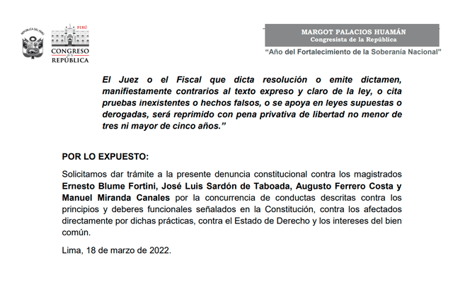 Presentan denuncia constitucional contra magistrados Blume, Ferrero, Sardón y Miranda. Foto: documento