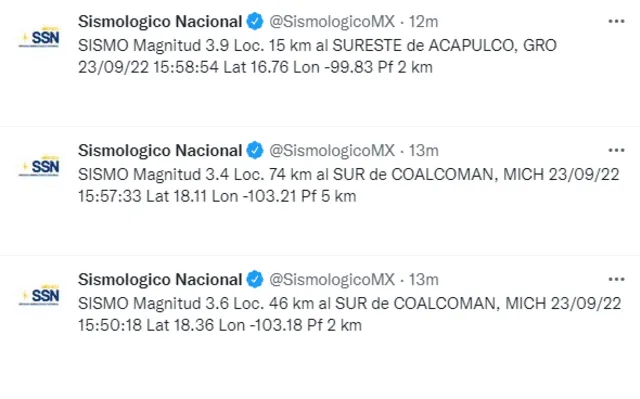 Último reporte de sismos en México. Foto: Twitter SSN