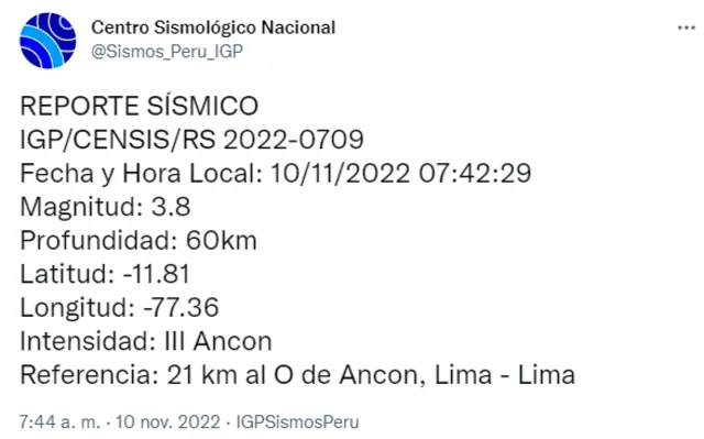 Sismo de magnitud 3.8 se registró en Ancón. Foto: captura de IGP