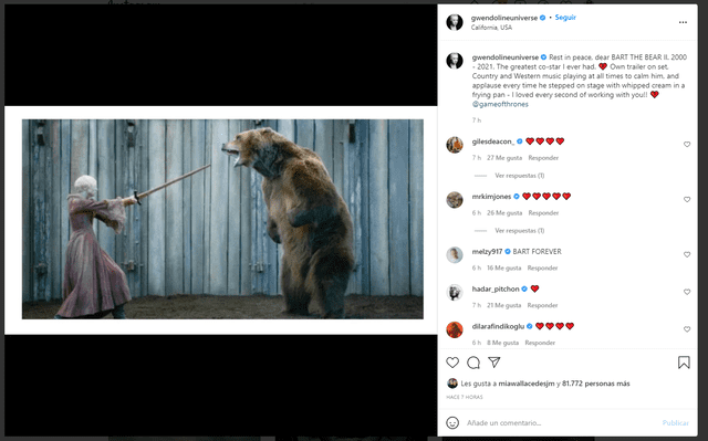 Gwendoline Christie se despide de Bart the bear 2. Foto: captura Instagram