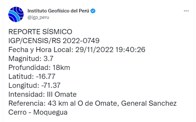 Sismo en Moquegua hoy 29 de noviembre