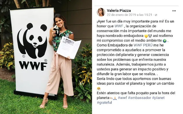  Valeria Piazza fue elegida dos veces embajadora de la WWF Perú. Foto: captura Facebook<br><br>    