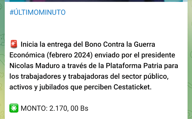 El primer pago del Bono de Guerra llegó el 15 de febrero. Foto. Canal Patria Digital/Telegram