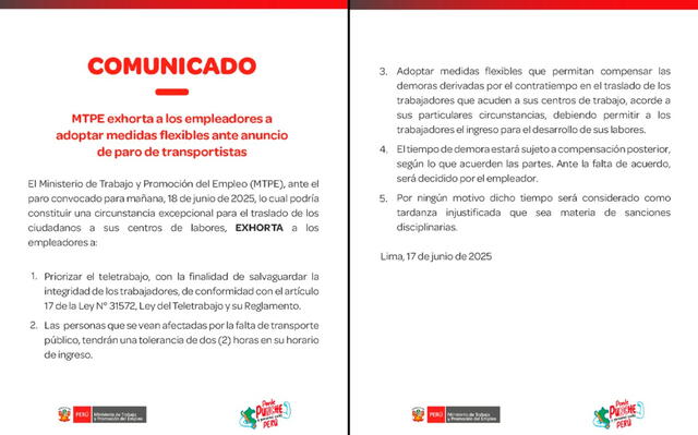 Comunicado del Ministerio de Trabajo ante el paro de transportistas. Foto: X Comunicado del Ministerio de Trabajo ante el paro de transportistas. Foto: X