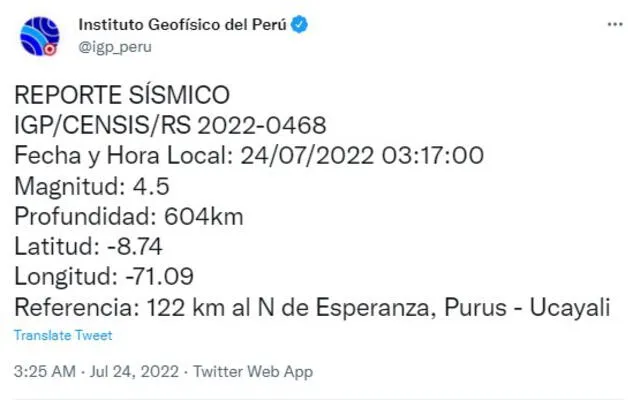 Datos del sismo en Ucayali. Foto: captura de Twitter @igp_peru