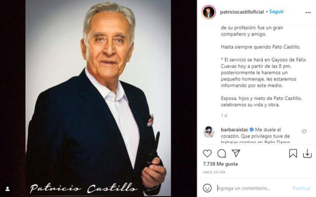 Mensaje de familiares comunicando muerte de Patricio Castillo. Foto: captura/Instagram