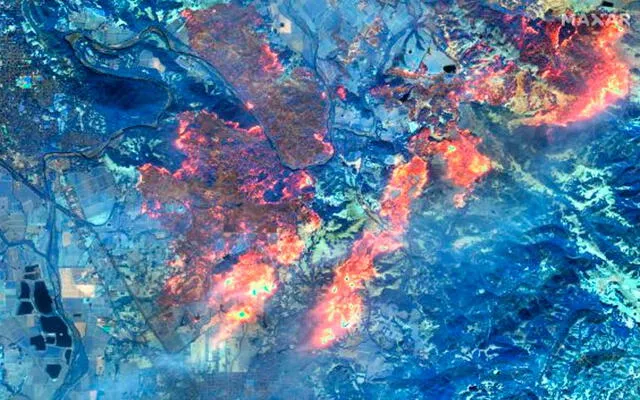 El incendio cerca de Healdsburg, California, es captado por un satélite infrarrojo, que muestra el área consumida por el fuego. Crédito: Maxar Technologies.