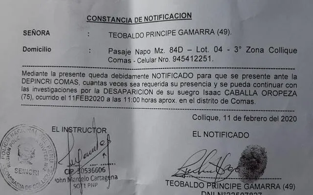 Notificación de desaparición de Isaac Caballa Oropeza (75).