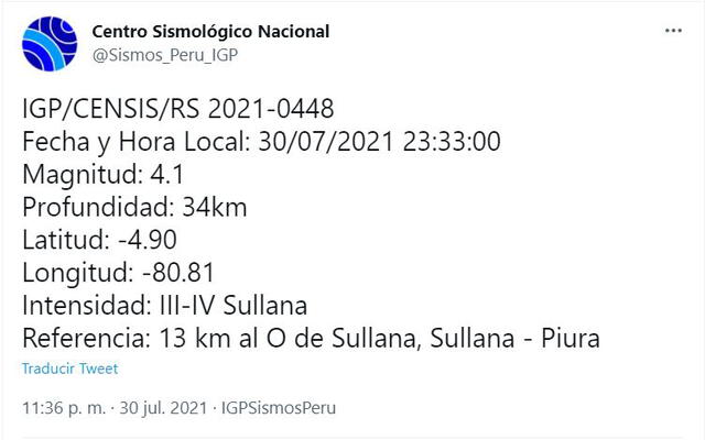 El sismo se produjo a las 11.33 p. m. Foto: captura de Twitter