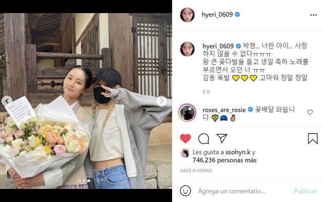 Post de Lee Hyeri donde agradece a Rosé. Foto: captura Instagram