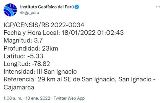 Datos del sismo en Cajamarca. Foto: captura IGP