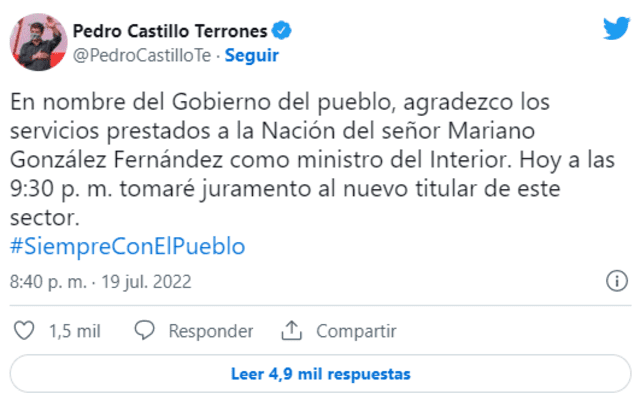 Pedro Castillo removió del cargo de ministro a Mariano Gonzáles