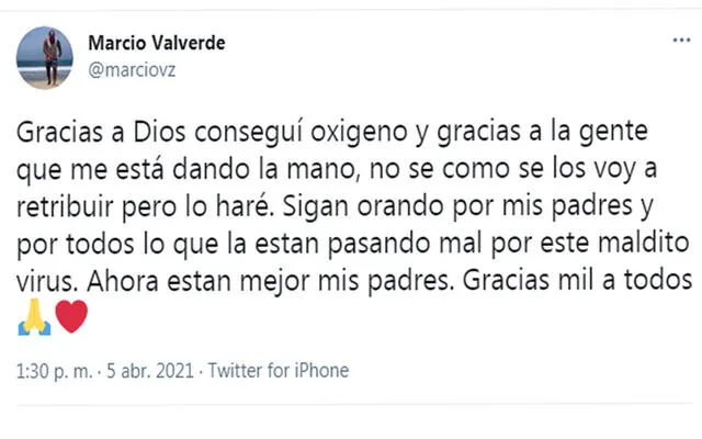 Publicación de Marcio Valverde en Twitter.