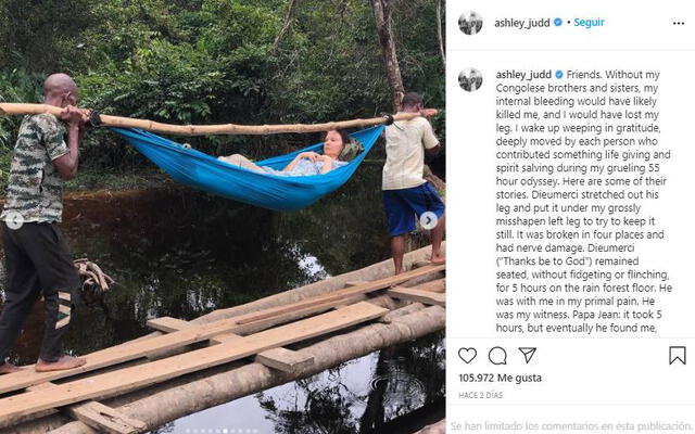 Ashley Judd comparte fotos de su rescate tras romperse la pierna en El Congo